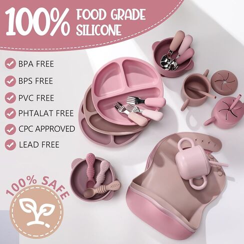 Yinder 24 Pack Silicone Baby Feeding Set Baby Led Weaning Essentials Suction Divided Plate Bowl Spoon Fork Adjustable Bib Snack Cup Straw for 6+ Months(Walnut Color, Beige, Smoky Gray) in Saudi Arabia