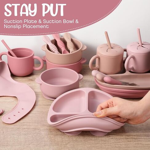 Yinder 24 Pack Silicone Baby Feeding Set Baby Led Weaning Essentials Suction Divided Plate Bowl Spoon Fork Adjustable Bib Snack Cup Straw for 6+ Months(Walnut Color, Beige, Smoky Gray) in Saudi Arabia