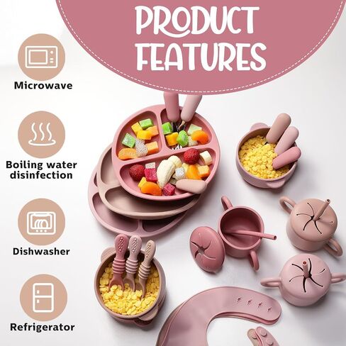 Yinder 24 Pack Silicone Baby Feeding Set Baby Led Weaning Essentials Suction Divided Plate Bowl Spoon Fork Adjustable Bib Snack Cup Straw for 6+ Months(Walnut Color, Beige, Smoky Gray) in Saudi Arabia