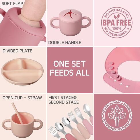 Yinder 24 Pack Silicone Baby Feeding Set Baby Led Weaning Essentials Suction Divided Plate Bowl Spoon Fork Adjustable Bib Snack Cup Straw for 6+ Months(Walnut Color, Beige, Smoky Gray) in Saudi Arabia