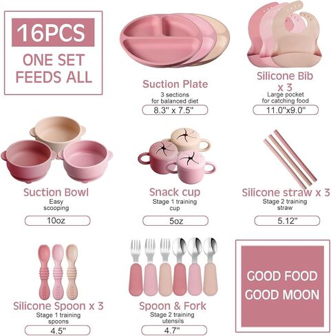 Yinder 24 Pack Silicone Baby Feeding Set Baby Led Weaning Essentials Suction Divided Plate Bowl Spoon Fork Adjustable Bib Snack Cup Straw for 6+ Months(Walnut Color, Beige, Smoky Gray) in Saudi Arabia