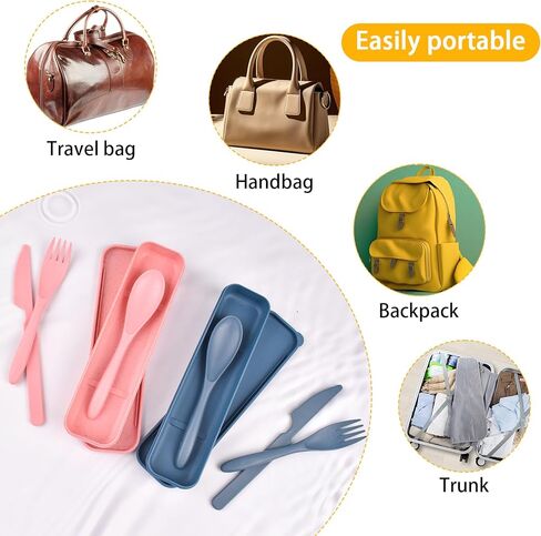 Travel Utensil Set with Case, 2 Sets Forks Spoons and Knives Set, Wheat Straw Reusable Plastic Utensils, Portable Cutlery Set, BPA Free Lunch Box Utensils Set for Work, Dorm, Camping (Pink, Blue) in Kuwait