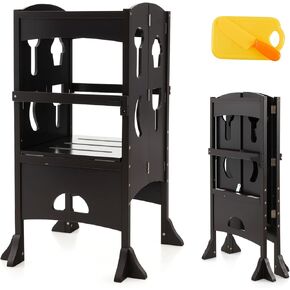 HONEY JOY Kitchen Step Stool for Toddlers, Children Wooden Standing Tower w/Safety Rail, Extra Kitchen Toys, Montessori Foldable Kids Learning Tower for Kitchen Counter(Coffee)