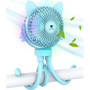 Portable Small Stroller Fan for Baby-Mini Handheld Personal Fan-Rechargeable Clip on USB Fan-Stroller Accessories-Night Light for Kids (Blue)