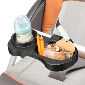 2 in 1 Universal Stroller Snack Tray with Cup Holder, Snack Catcher and Drink Holder for Stroller Snack Tray Attachment - Upgraded Removable Clip for Bumper Bar of Stroller Tray for Baby (Black) in Kuwait