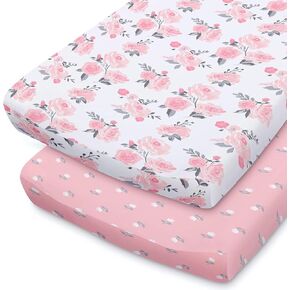 The Peanutshell Pink Floral Changing Pad Cover Set for Baby Girls | 2 Pack Set | Pink Roses & Ditsy Floral in Kuwait
