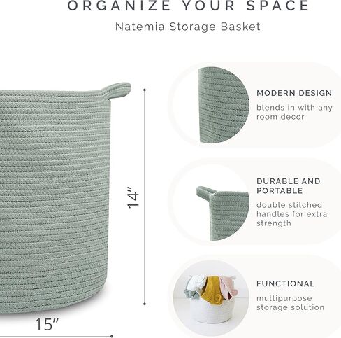 Natemia Rope Storage Basket- Nursery Bin and Toy Organizer (15"x15"x14"), Laundry Basket, Basket for Towels, Pillows and Blankets, Perfect Baby Registry Gift in Saudi Arabia