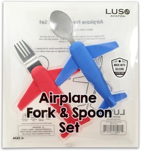 Kids' Airplane Fork & Spoon Set, Stainless Steel & Silicone in Saudi Arabia