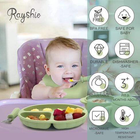 مجموعة تغذية الأطفال من السيليكون من Rayshie، أواني الأطفال من عمر 6 إلى 12 شهرًا، وعاء للأطفال الصغار، كوب بقشة، طبق أطفال مقسم بالشفط، شوكة وملعقة، أطباق للأطفال (وردي داكن) in Saudi Arabia