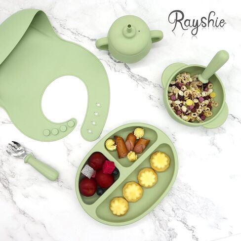 مجموعة تغذية الأطفال من السيليكون من Rayshie، أواني الأطفال من عمر 6 إلى 12 شهرًا، وعاء للأطفال الصغار، كوب بقشة، طبق أطفال مقسم بالشفط، شوكة وملعقة، أطباق للأطفال (وردي داكن) in Saudi Arabia