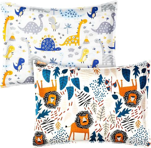 Ganeen 2 Pcs Toddler Pillowcase Sized 14" x 19" Fits 12" x 16" or 13" x 18" Cotton Dinosaur Pillow Cover Kids Soft Pillowcase Toddler Pillow Cases for Travel Bed Girl Boy Infant Sleep (Dinosaur, Lion) in Kuwait