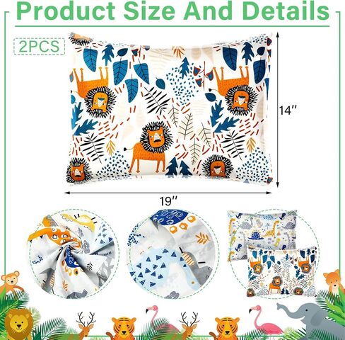Ganeen 2 Pcs Toddler Pillowcase Sized 14" x 19" Fits 12" x 16" or 13" x 18" Cotton Dinosaur Pillow Cover Kids Soft Pillowcase Toddler Pillow Cases for Travel Bed Girl Boy Infant Sleep (Dinosaur, Lion) in Kuwait