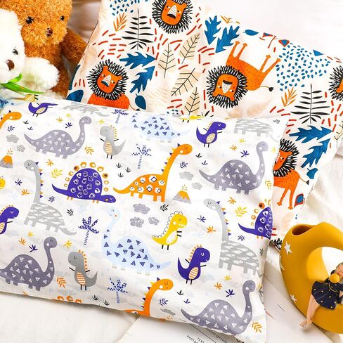 Ganeen 2 Pcs Toddler Pillowcase Sized 14" x 19" Fits 12" x 16" or 13" x 18" Cotton Dinosaur Pillow Cover Kids Soft Pillowcase Toddler Pillow Cases for Travel Bed Girl Boy Infant Sleep (Dinosaur, Lion) in Kuwait