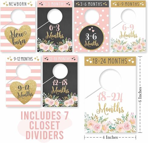 7 Pink Gold Baby Nursery Closet Organizer Dividers For Girl Clothing, Floral Age Size Hanger Organization For Kid Toddler, Infant, Newborn Clothes Must Have, Shower Registry Gift Supplies, 0-24 Months in Saudi Arabia