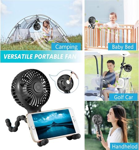 Mini Baby Stroller Fan, Portable Fan Clip On with Flexible Tripod, USB or Battery Operated Handheld Personal Fan 3 Speeds Car Seat Fan for Desk Crib Bike Treadmill Travel Camping - Black in Saudi Arabia