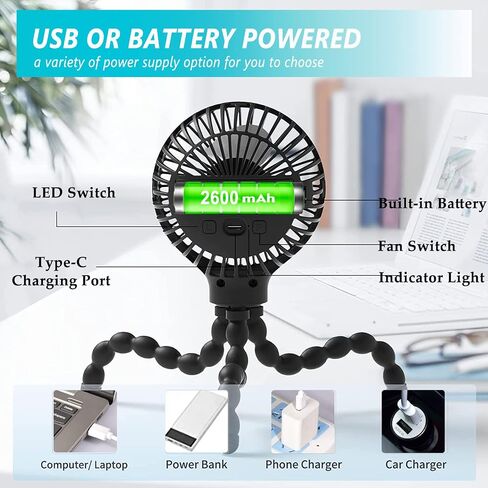 Mini Baby Stroller Fan, Portable Fan Clip On with Flexible Tripod, USB or Battery Operated Handheld Personal Fan 3 Speeds Car Seat Fan for Desk Crib Bike Treadmill Travel Camping - Black in Saudi Arabia
