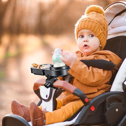 2 in 1 Universal Stroller Snack Tray with Cup Holder, Snack Catcher and Drink Holder for Stroller Snack Tray Attachment - Upgraded Removable Clip for Bumper Bar of Stroller Tray for Baby (Black) in Kuwait