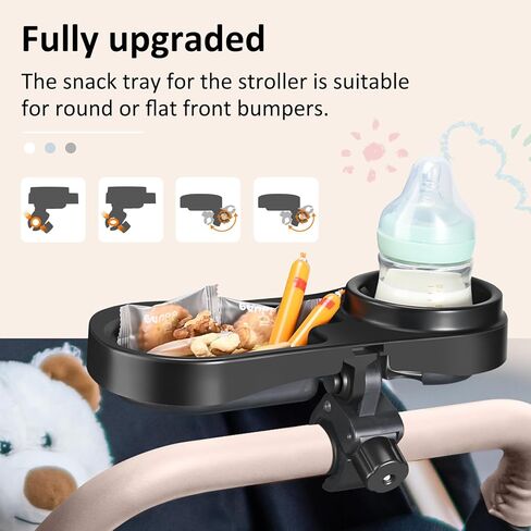 2 in 1 Universal Stroller Snack Tray with Cup Holder, Snack Catcher and Drink Holder for Stroller Snack Tray Attachment - Upgraded Removable Clip for Bumper Bar of Stroller Tray for Baby (Black) in Kuwait
