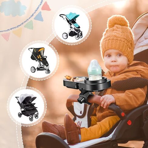 2 in 1 Universal Stroller Snack Tray with Cup Holder, Snack Catcher and Drink Holder for Stroller Snack Tray Attachment - Upgraded Removable Clip for Bumper Bar of Stroller Tray for Baby (Black) in Kuwait