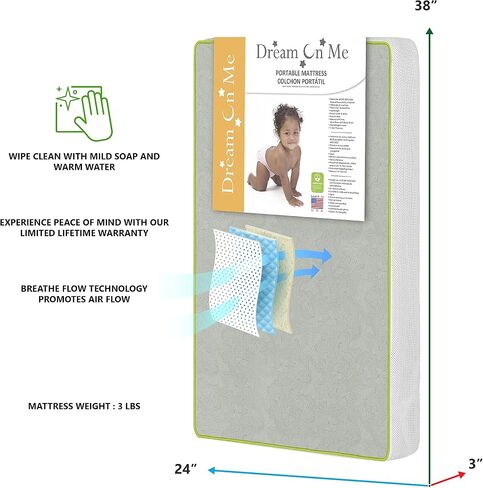 Dream On Me 2-in-1 Breathable Two-Sided 3" Portable Crib Mattress | Waterproof Cover | Dual Sided | Fits Portable/Mini Cribs | Fiber Core | Promotes Airflow, 1 Count (Pack of 1) in Saudi Arabia