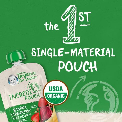 Gerber Organic Baby Food Pouches, Toddler 12+ Months, Incredipouch, Banana Strawberry Beet Oatmeal Puree, 3.17oz Pouches (Pack of 12) in Saudi Arabia