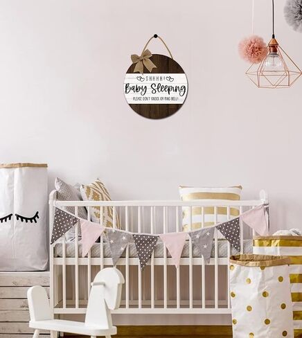 Shhh... Baby Sleeping Sign for Front Door Baby Room Door Please Don't Ring Door Bell Hanging Sign Round Rustic Wooden Door Plaque for Nursery Kindergarten Bedroom Door Knob Door Decor in Saudi Arabia