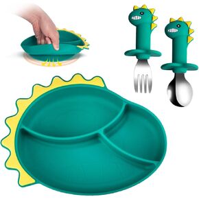 Silicone Toddler Plates,Suction Plates and Anti-Choke Design Fork Spoon For Self-Feeding Set,Baby Led Weaning Supplies Self Feeding Eating Utensils,BPA-Free (Green Dinosaurs) in Kuwait