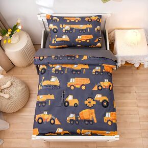 NTBED 4 Pieces Construction Toddler Bedding Set for Baby Boys,Tree Truck Vehicles Excavator Cars Printed, Includes Comforter, Flat Sheet, Fitted Sheet and Pillowcase,Light Grey in Saudi Arabia