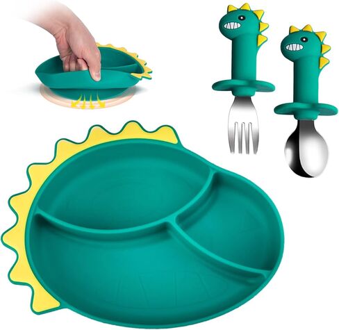 Silicone Toddler Plates,Suction Plates and Anti-Choke Design Fork Spoon For Self-Feeding Set,Baby Led Weaning Supplies Self Feeding Eating Utensils,BPA-Free (Green Dinosaurs) in Kuwait