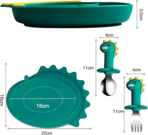 Silicone Toddler Plates,Suction Plates and Anti-Choke Design Fork Spoon For Self-Feeding Set,Baby Led Weaning Supplies Self Feeding Eating Utensils,BPA-Free (Green Dinosaurs) in Kuwait