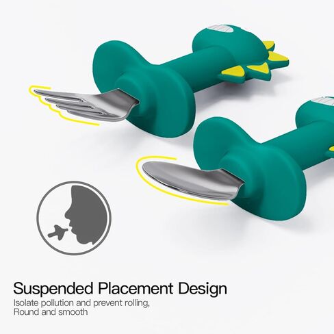 Silicone Toddler Plates,Suction Plates and Anti-Choke Design Fork Spoon For Self-Feeding Set,Baby Led Weaning Supplies Self Feeding Eating Utensils,BPA-Free (Green Dinosaurs) in Kuwait