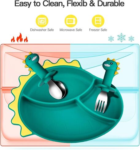 Silicone Toddler Plates,Suction Plates and Anti-Choke Design Fork Spoon For Self-Feeding Set,Baby Led Weaning Supplies Self Feeding Eating Utensils,BPA-Free (Green Dinosaurs) in Kuwait