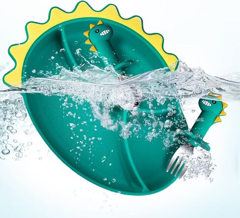Silicone Toddler Plates,Suction Plates and Anti-Choke Design Fork Spoon For Self-Feeding Set,Baby Led Weaning Supplies Self Feeding Eating Utensils,BPA-Free (Green Dinosaurs) in Kuwait