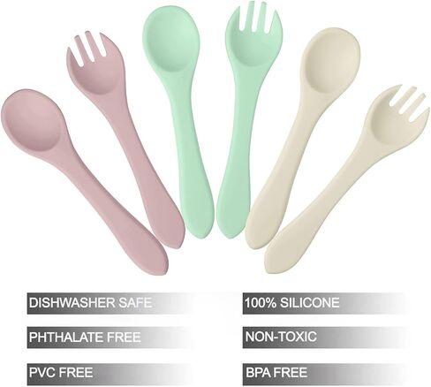PandaEar Silicone Baby Spoon and Fork Set| 6 Pack First Stage Baby Self Feeding Spoons 6+ Months| Toddler Baby Utensils 6-12 Months| Infant Baby LED Weaning Spoons Feeding Supplies in Saudi Arabia