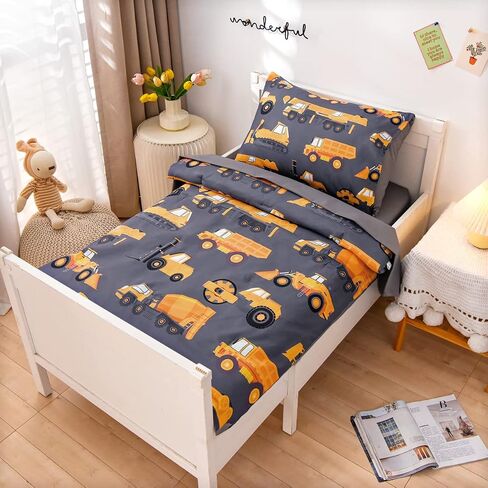 NTBED 4 Pieces Construction Toddler Bedding Set for Baby Boys,Tree Truck Vehicles Excavator Cars Printed, Includes Comforter, Flat Sheet, Fitted Sheet and Pillowcase,Light Grey in Saudi Arabia