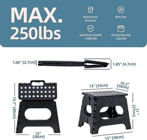 Folding Step Stool with Safety Lock, 11 Inch Pastic Foldable Stool for Adults & Kids, Portable Stepping Stool for Bathroom, Kitchen, with Anti-Skid Dots, Hold Up to 250lbs (Black, 11 Inch) in Kuwait