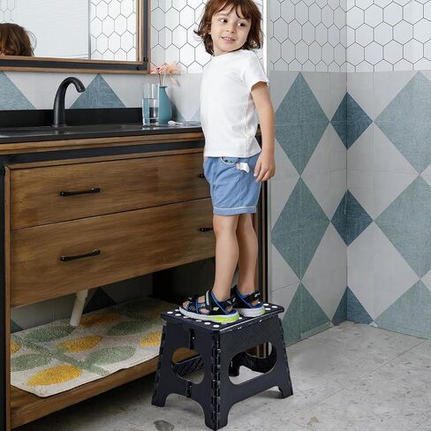 Folding Step Stool with Safety Lock, 11 Inch Pastic Foldable Stool for Adults & Kids, Portable Stepping Stool for Bathroom, Kitchen, with Anti-Skid Dots, Hold Up to 250lbs (Black, 11 Inch) in Kuwait