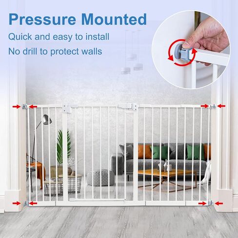Kinfant Extra Wide Baby Gate - 58-Inch White Doorway & Stair Gate, Tall & Adjustable Extension Pressure Pet Gate, with Extension Kit, Pressure Mount Kit, Wall Cups in Saudi Arabia