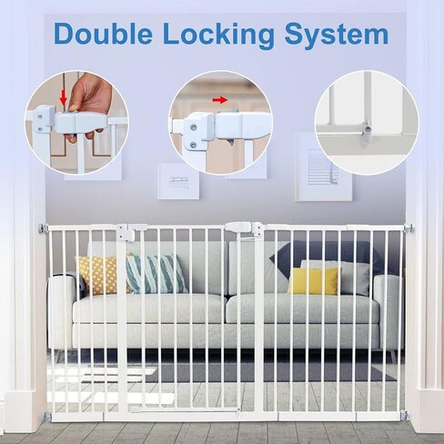Kinfant Extra Wide Baby Gate - 58-Inch White Doorway & Stair Gate, Tall & Adjustable Extension Pressure Pet Gate, with Extension Kit, Pressure Mount Kit, Wall Cups in Saudi Arabia