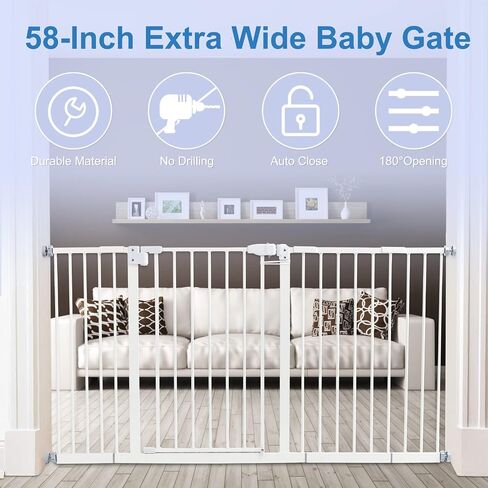 Kinfant Extra Wide Baby Gate - 58-Inch White Doorway & Stair Gate, Tall & Adjustable Extension Pressure Pet Gate, with Extension Kit, Pressure Mount Kit, Wall Cups in Saudi Arabia
