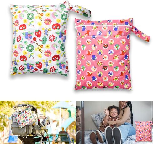 JamiPtoc 2 قطعة من القماش للحفاضات الرطبة والجافة للأطفال الصغار مقاومة للماء وقابلة لإعادة الاستخدام للسفر على الشاطئ وحمام السباحة واليوجا وحقيبة الصالة الرياضية مع جيبين بسحّاب، حفاضات متسخة وعربة يوجا وأدوات زينة للعناية النهارية in Kuwait