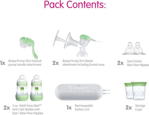 MAM 2-in-1 Double Electric Breast Pump & Manual Breast Pump, Portable Breast Pump with 2 Easy Start Anti-Colic Bottles & Breastfeeding Supplies in Saudi Arabia