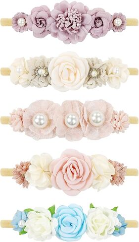 Cinaci 5 Pack Delicate Floral Flower Nylon Headbands Hair Bands Accessories for Baby Girls Newborns Infants Toddlers Kids (5 Pack S10) in Saudi Arabia