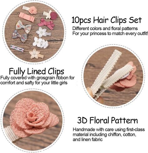 10Pcs Baby Girls Hair Clips Full Lined Alligator Clip Floral Bow Barrettes Handmade Hair Accessories for Newborn Infant Toddler Kids in Kuwait