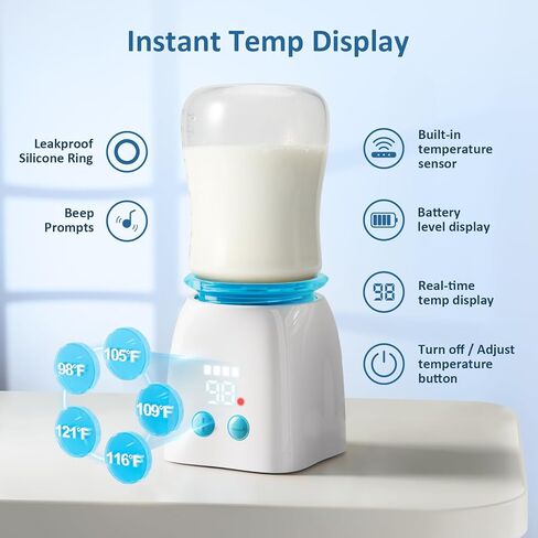 Bottle Warmer,Portable Bottle Warmer with 8 Adapters, Cordless Travel Bottle Warmer with 5 Accurate Temperature Control, Rechargeable Baby Bottle Warmer for Breastmilk or Formula in Saudi Arabia