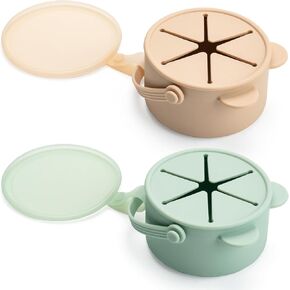 Silicone No Spill Snack Cups for Toddlers – Portable Baby Snack Cup Containers with Dustproof Lid – Dishwasher-Friendly Toddler Spill Proof Cups Without BPA, Lead, or Phthalates – Blue and Beige in Saudi Arabia