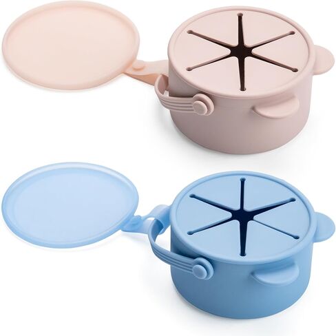 Silicone No Spill Snack Cups for Toddlers – Portable Baby Snack Cup Containers with Dustproof Lid – Dishwasher-Friendly Toddler Spill Proof Cups Without BPA, Lead, or Phthalates – Blue and Beige in Saudi Arabia