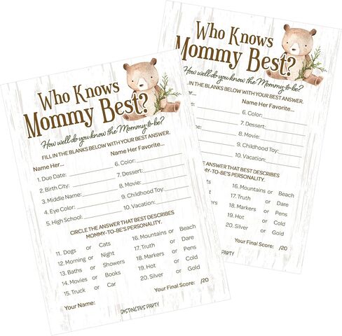 DISTINCTIVS Woodland Bear Baby Shower Who Knows Mommy Best Game Cards - 20 Count in Saudi Arabia