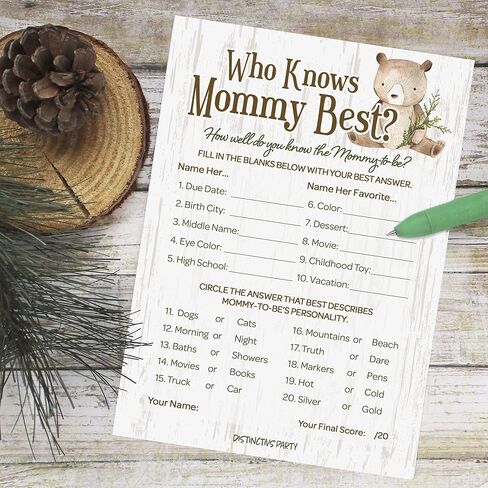 DISTINCTIVS Woodland Bear Baby Shower Who Knows Mommy Best Game Cards - 20 Count in Saudi Arabia