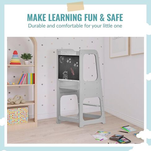 Explora Tower & Step Stool in Black, Anti-Slip Base, Multipurpose Kids Step Stool, 3 Platform Heights, Chalkable Black Board in Kuwait